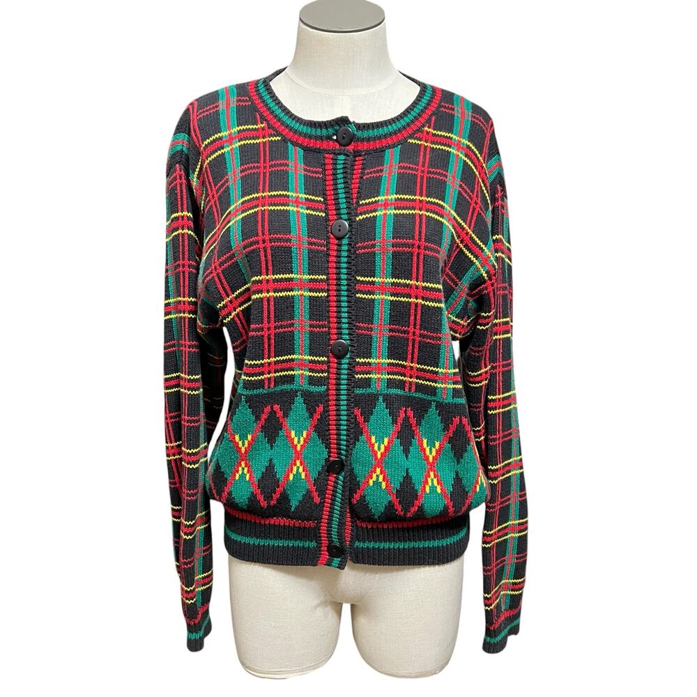 Club Classics Vintage Plaid Argyle Preppy Grunge Academia Cardigan Sweater Sz M